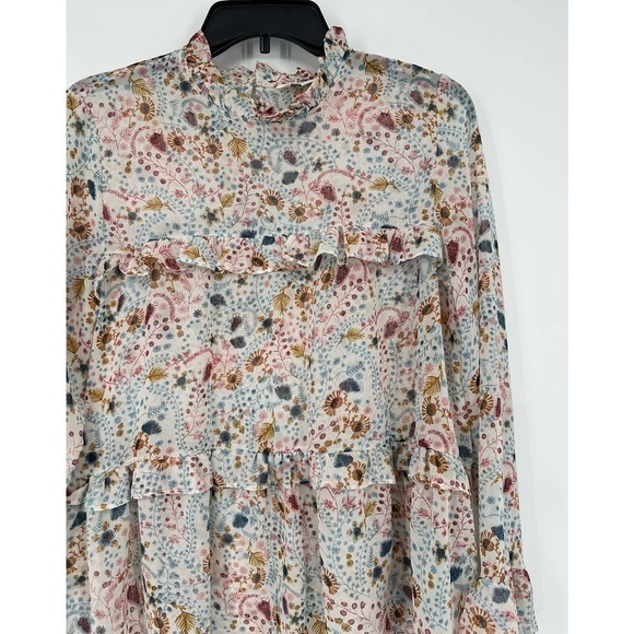 Sundance High Neck Floral Printed Celina Blouse Tiered Ruffle Semi Sheer Size S - Picture 3 of 7